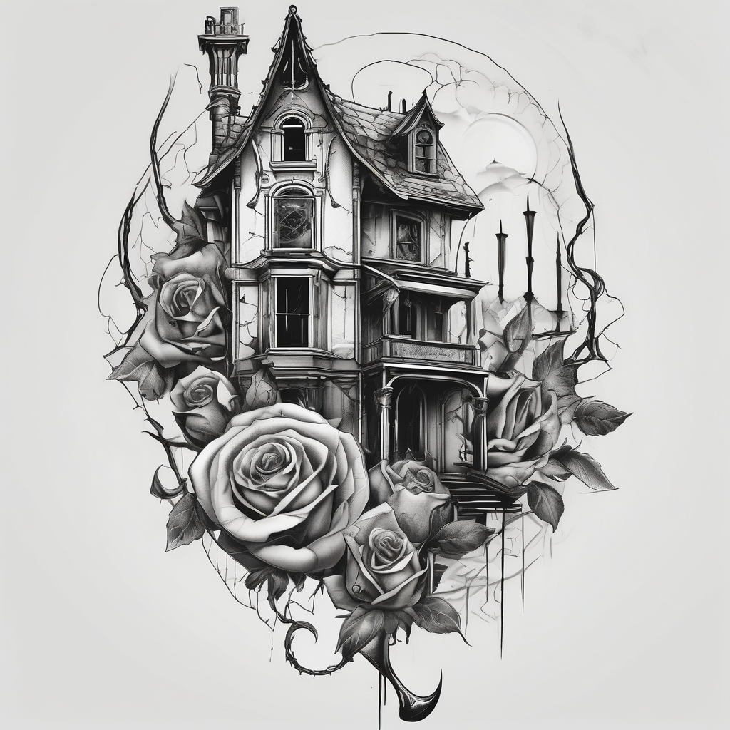 tattoo fool sleeve, old broken gothic home, broken sword, roses drake tattoos, diseño de tatuaje Surrealista generado con IA